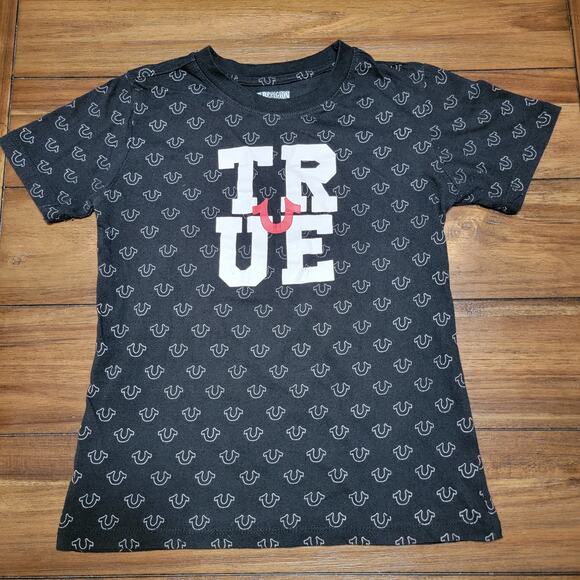 True Religion Youth Black Tee All Over Logo - Size Youth Large - Picture 1 of 5